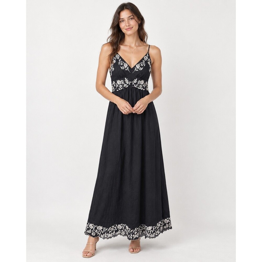 Boho Embroidered Floral Maxi Dress Lucky Brand Batik Mosaic Black Size M